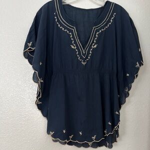 Blue Flutter Sleeve soft cotton Blouse with Bib Collar